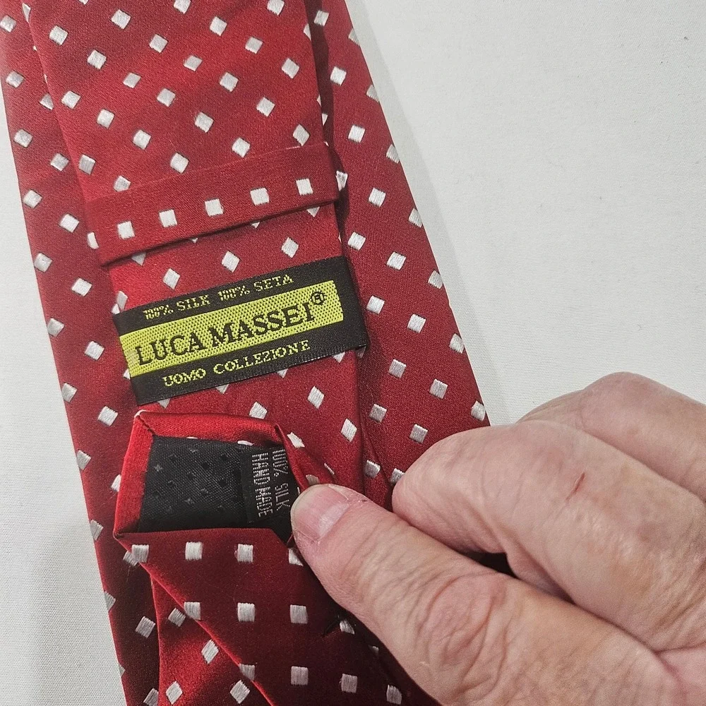 Luca Massei Red Silver Square Geometric Silk Tie Handmade Mens Necktie